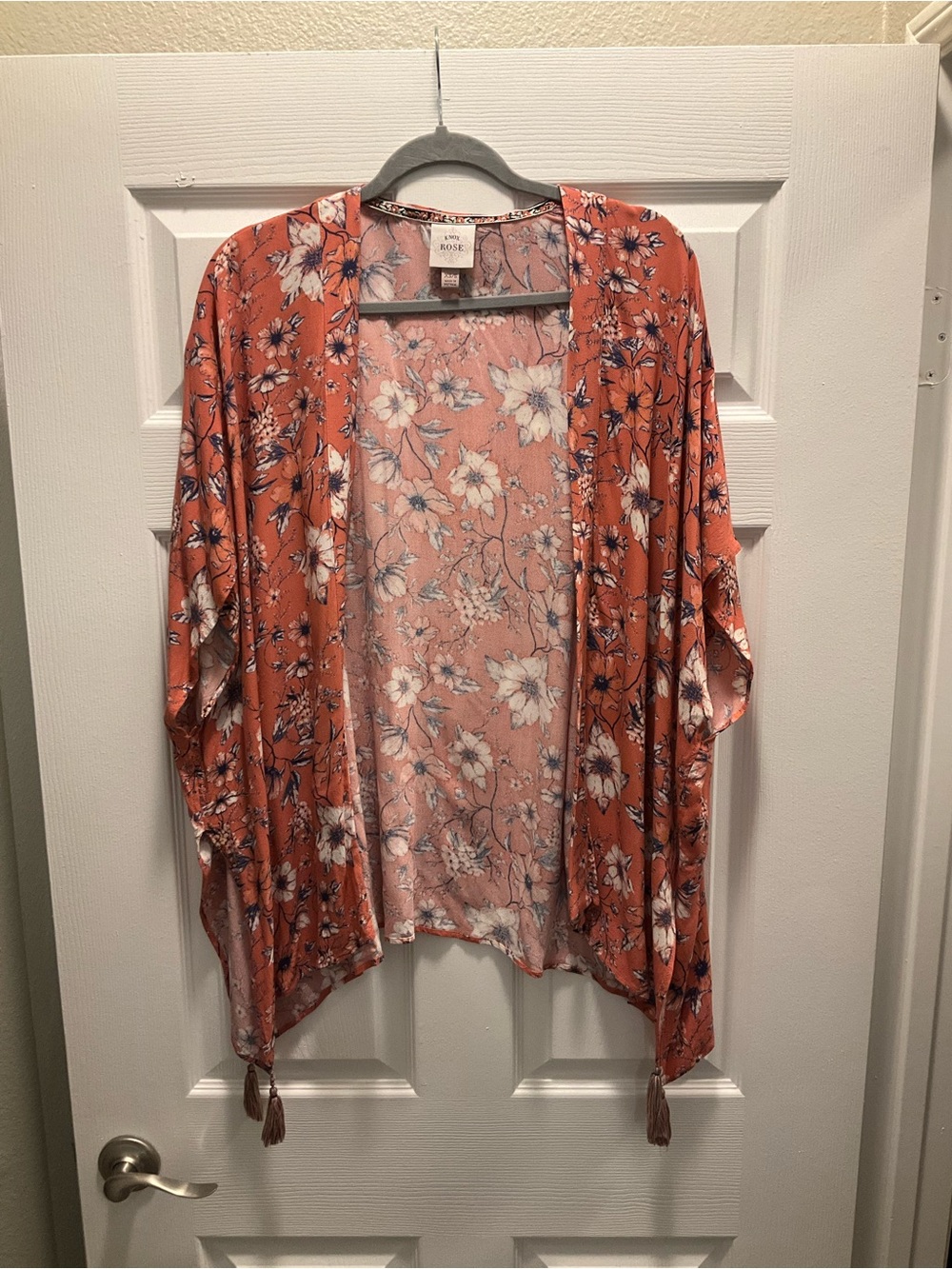 Knox Rose Rust Floral Open-Front Kimono Tunic with Tassels XS-SM